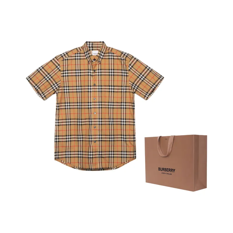 Burberry Men Plaid Patterns Short Sleeves Shirts Yellow-9