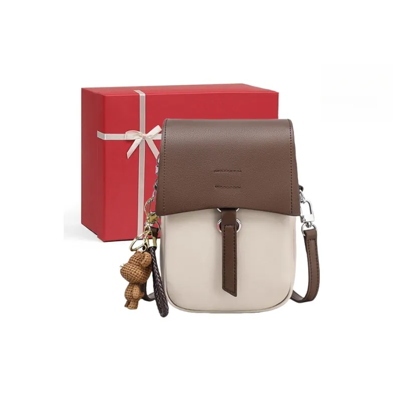 CNNCOO Cow Leather Cell Phone Pouch Women's White & Coffee-0