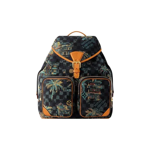LOUIS VUITTON Leather Trim Backpack Men's Deep Blue & Multicolor
