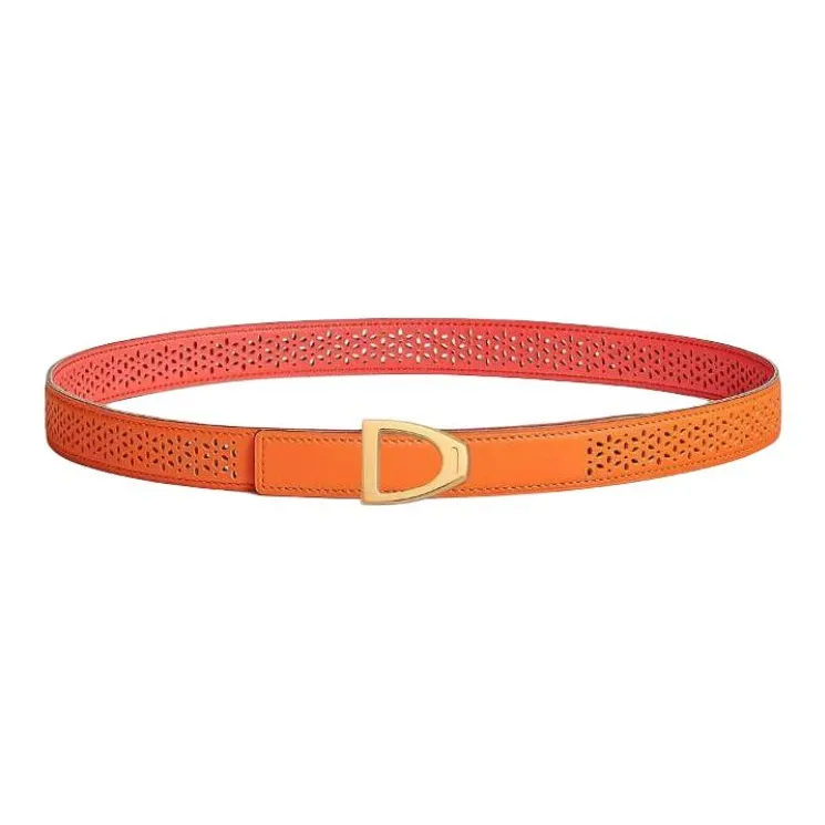 HERMES Calfskin, Metal, Rose Gold Plated Leather Belts Women's Orange 2.4CM-0