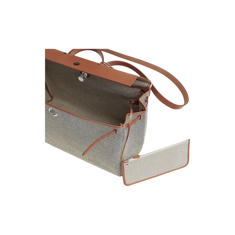 HERMES Herbag Zip Canvas With Leather Handbag Women's Gray & Brown-3