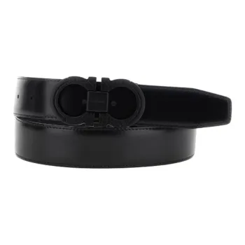 FERRAGAMO Calfskin Leather Belts Unisex Black Width 3.5 Cm
