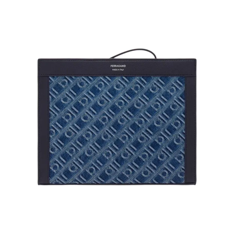 FERRAGAMO Cow Leather Clutch Men's Denim Color-0
