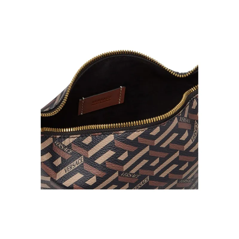 VERSACE La Greca Coated Canvas Handbag Mini Women's Black+Caramel-4
