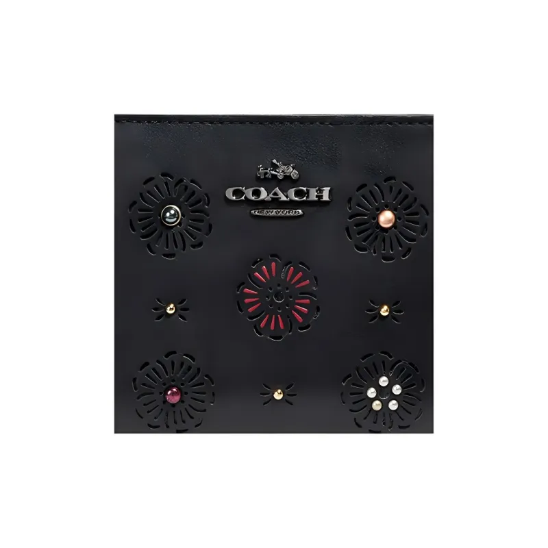 COACH Zip Around Leather Clutches Card Holder Wallet Medium Size Women's Black-2