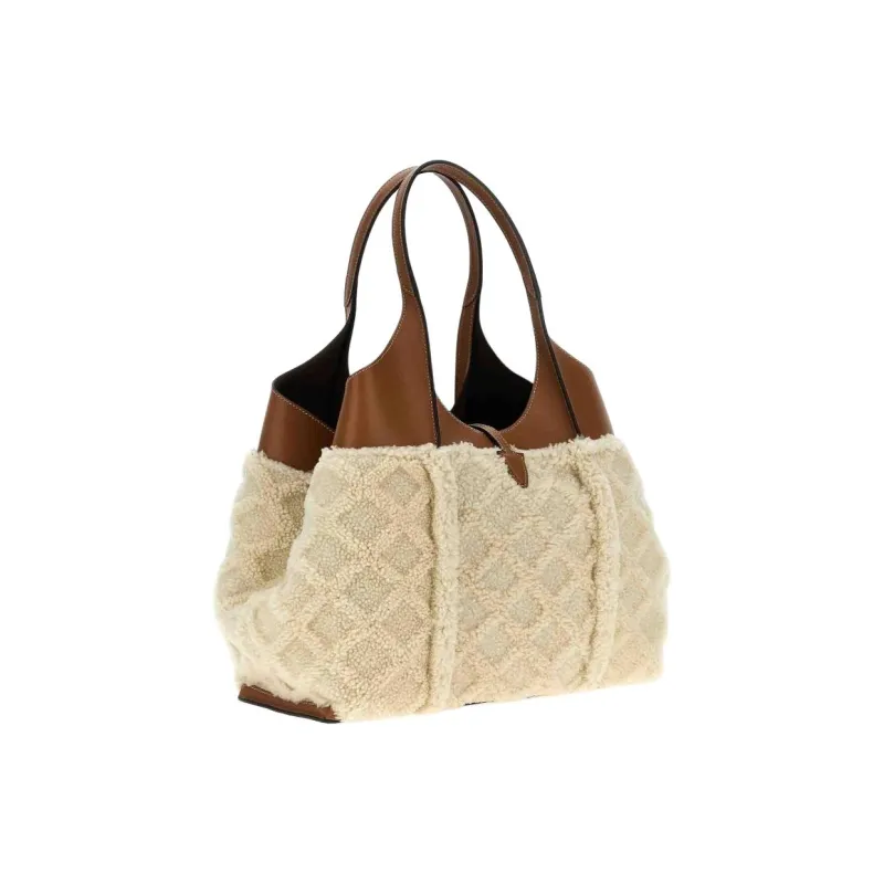 TOD'S T Timeless Sheepskin Handbag Medium Size Women's Brown & White-2