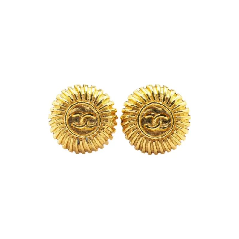 CHANEL 1970 1980 Plated Cc Round Clip On Earrings Costume Earrings-0
