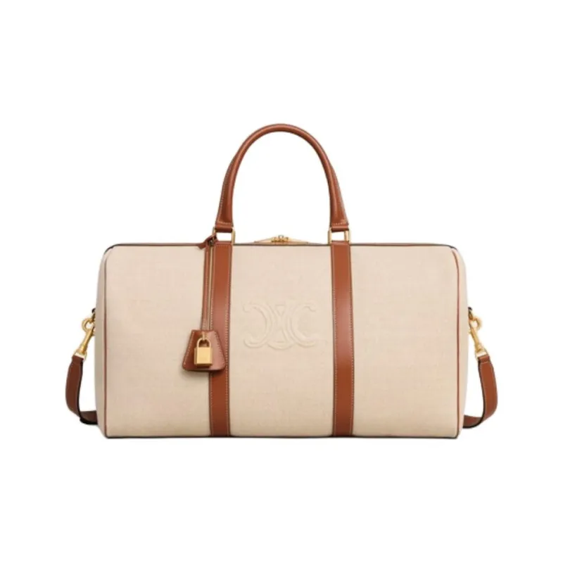 CELINE Fabric With Calfskin One Shoulder Crossbody Handbag, Travel Bag Women's Natural & Brown-0