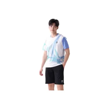 KUMPOO Casual Sportswear Men Clothing Set Blue Green Geometric Line Top+Black Shorts
