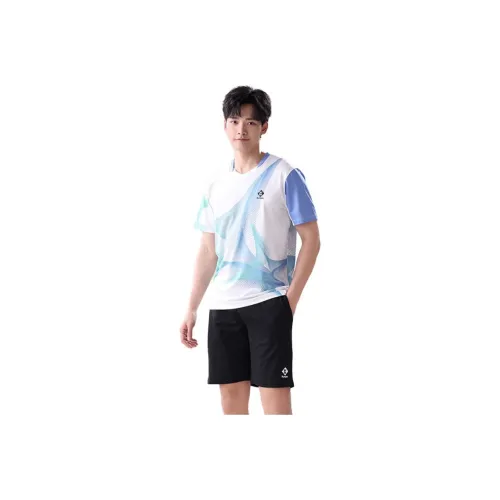 KUMPOO Casual Sportswear Men Clothing Set Blue Green Geometric Line Top+Black Shorts