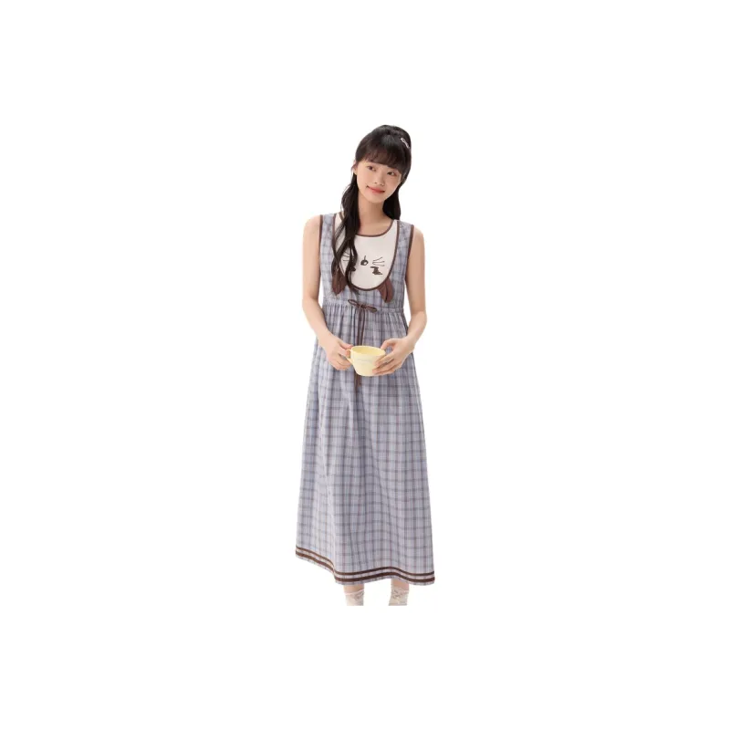 ZIHAN Sleeveless Dress Women's Blue Coffee Plaid-0
