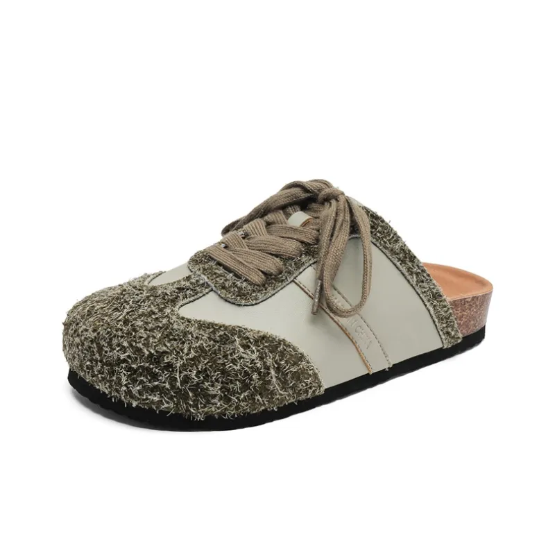 KYMOOU Cork Sole Fuzzy Stitching Leather Patchwork Quiet, Odor Resistant, Slip Resistant Closed Toe Slippers Unisex-0