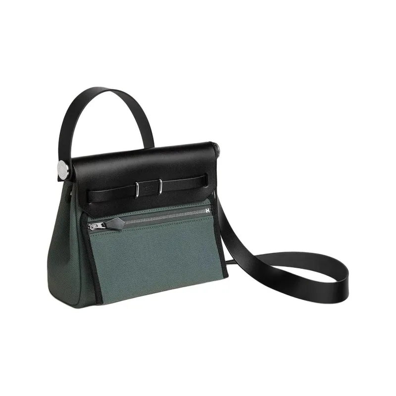 HERMES Herbag Zip Canvas With Hunter Cow Leather Crossbody Bag, Shoulder Bag Women's Marsh Green & Black-2