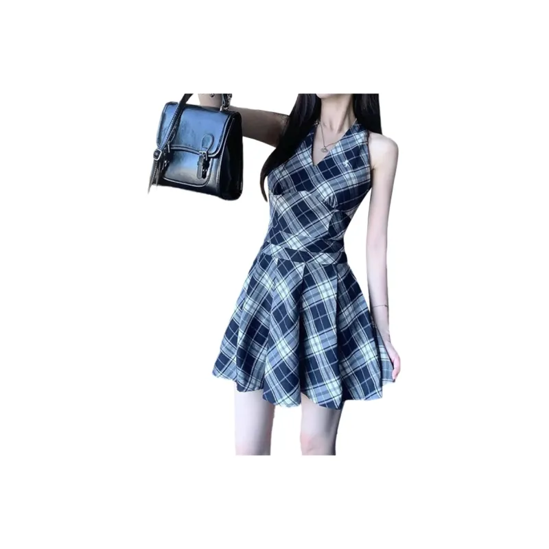 ROBINHOOD Slip Dresses Women's Black White Plaid-1