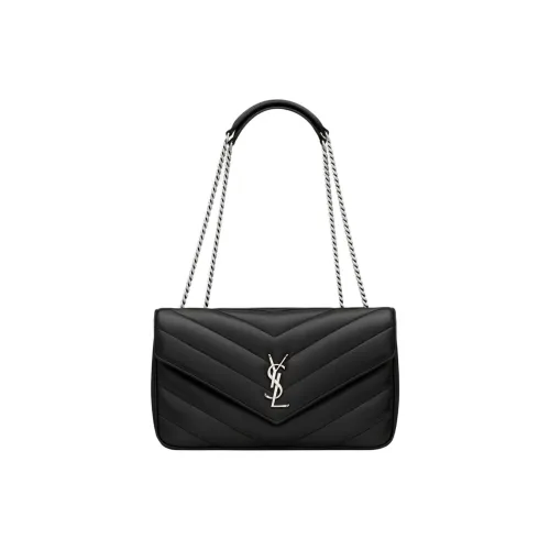 SAINT LAURENT LOULOU Lambskin Shoulder Bag Medium Size Women's Black