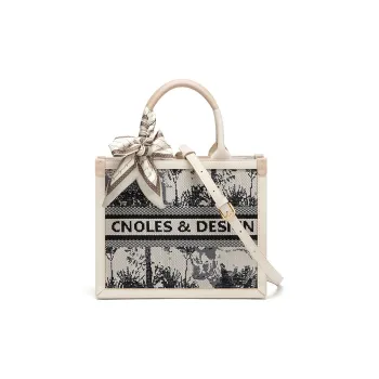 CNOLES Fabric Synthetic Leather Tote Bag Shoulder Bag Handbag Small Size Women's Ecru & Gray Ink