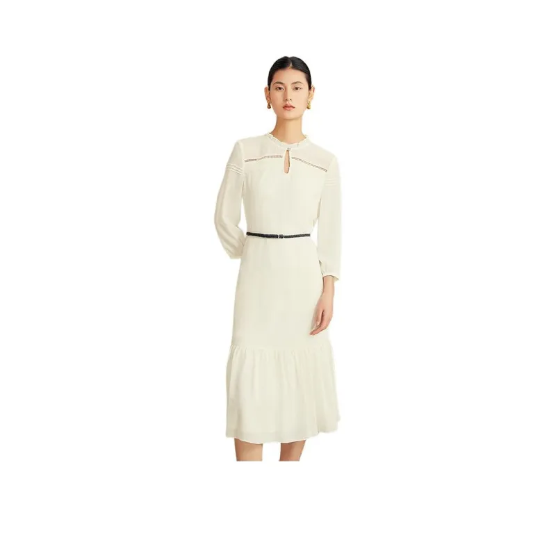 Yiner Long Sleeved Dress Women's Cream White-0