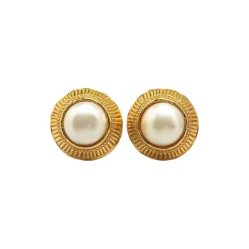 CHANEL 1970 1980 Plated Round Faux Pearl Clip On Earrings Costume Earrings