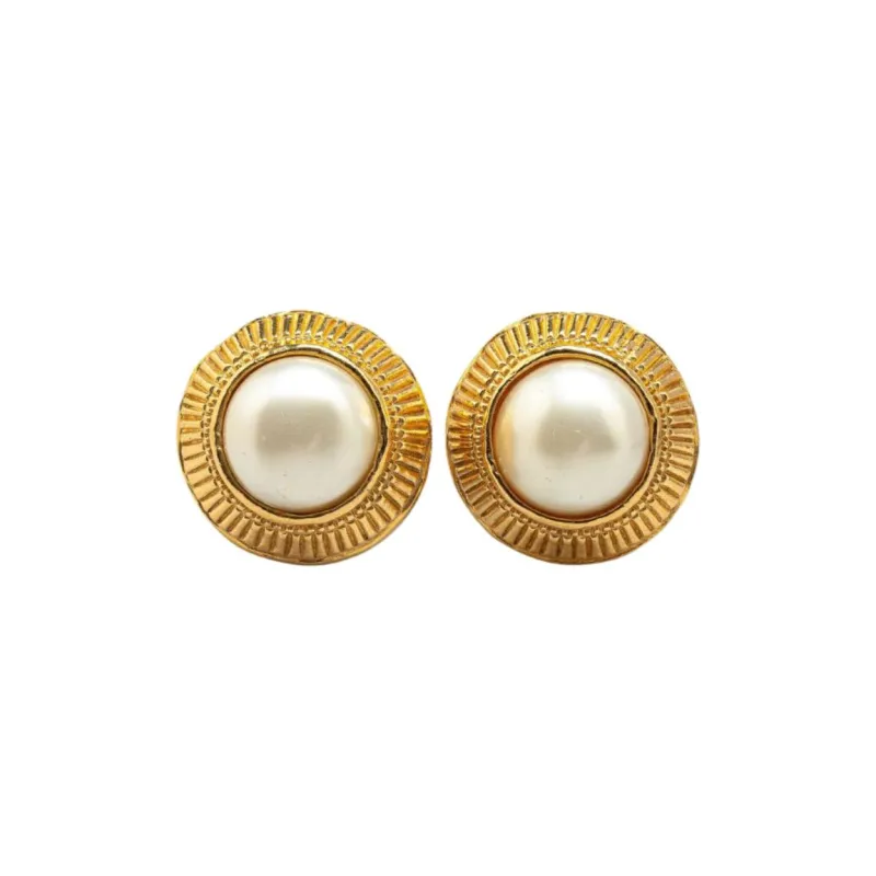 CHANEL 1970 1980 Plated Round Faux Pearl Clip On Earrings Costume Earrings-0
