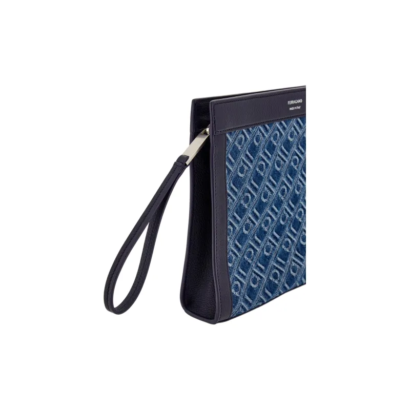 FERRAGAMO Cow Leather Clutch Men's Denim Color-4