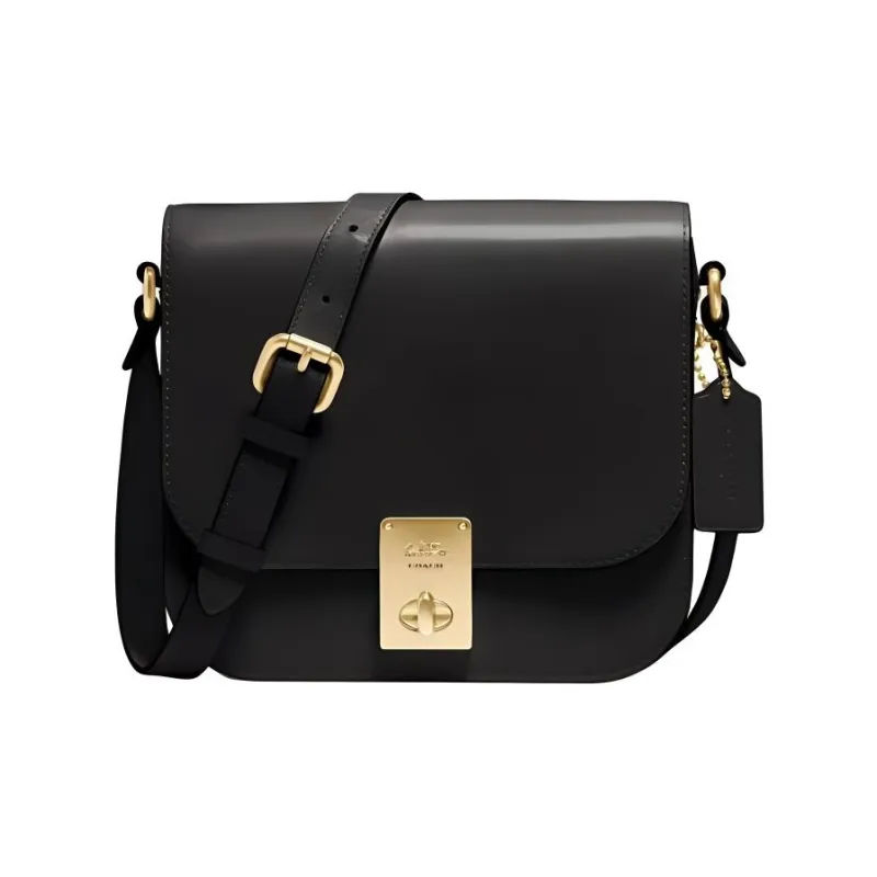 COACH Hutton Refined Leather Saddle Bag, Shoulder Bag, Crossbody Bag Trumpets Women's Black-1