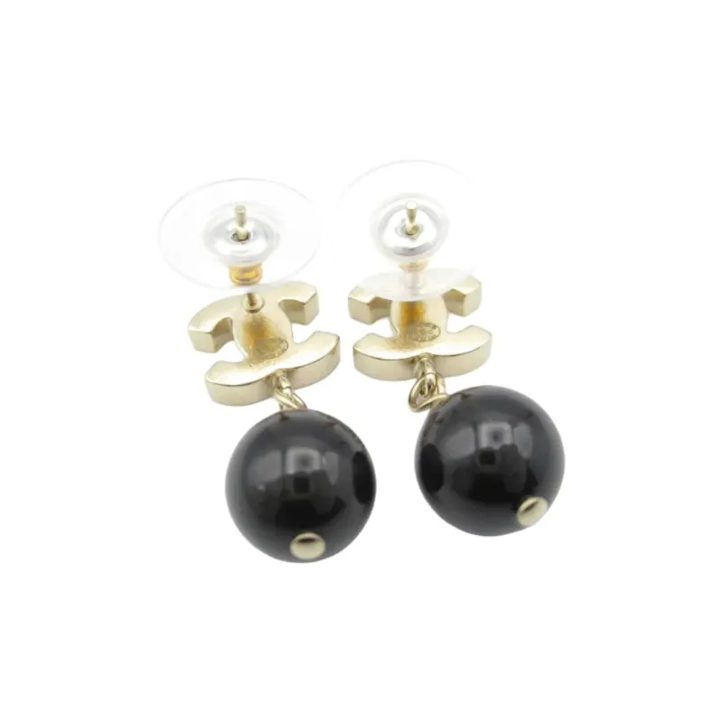 CHANEL Gold Plated Earrings Unisex Black-1
