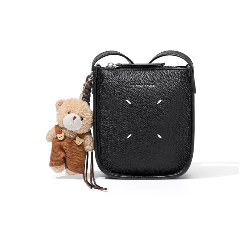 CinvaiKrose Cow Leather Shoulder Bag, Crossbody Bag, Cell Phone Pouch Trumpets Women's Ecru/Black-6