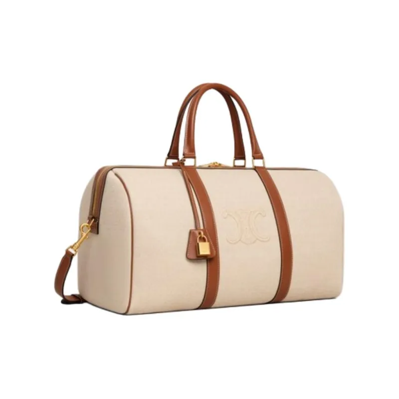 CELINE Fabric With Calfskin One Shoulder Crossbody Handbag, Travel Bag Women's Natural & Brown-1