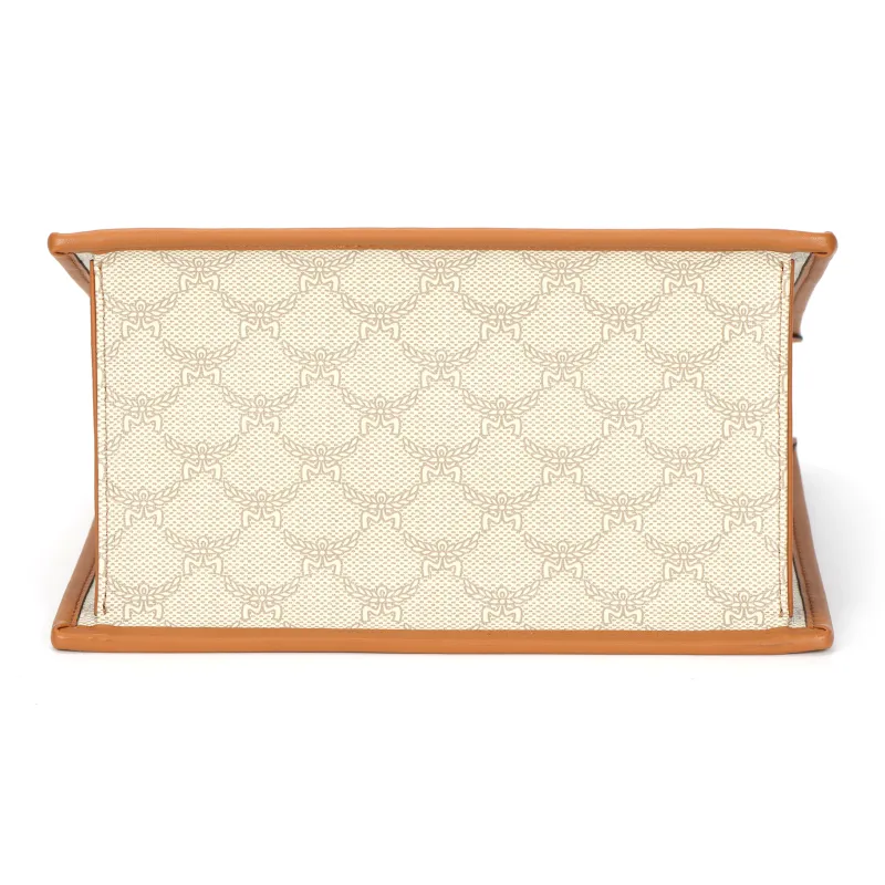 MCM Canvas With Leather Tote Bag, Shopping Bag, Shoulder Bag, Crossbody Bag, Handbag Trumpets Women's Beige-3
