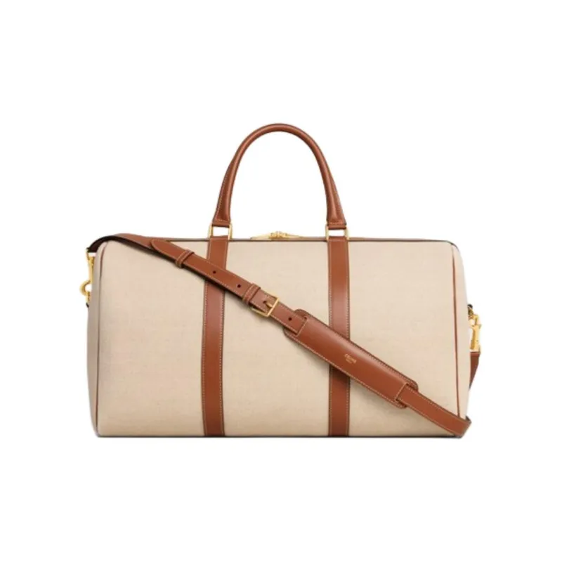 CELINE Fabric With Calfskin One Shoulder Crossbody Handbag, Travel Bag Women's Natural & Brown-2