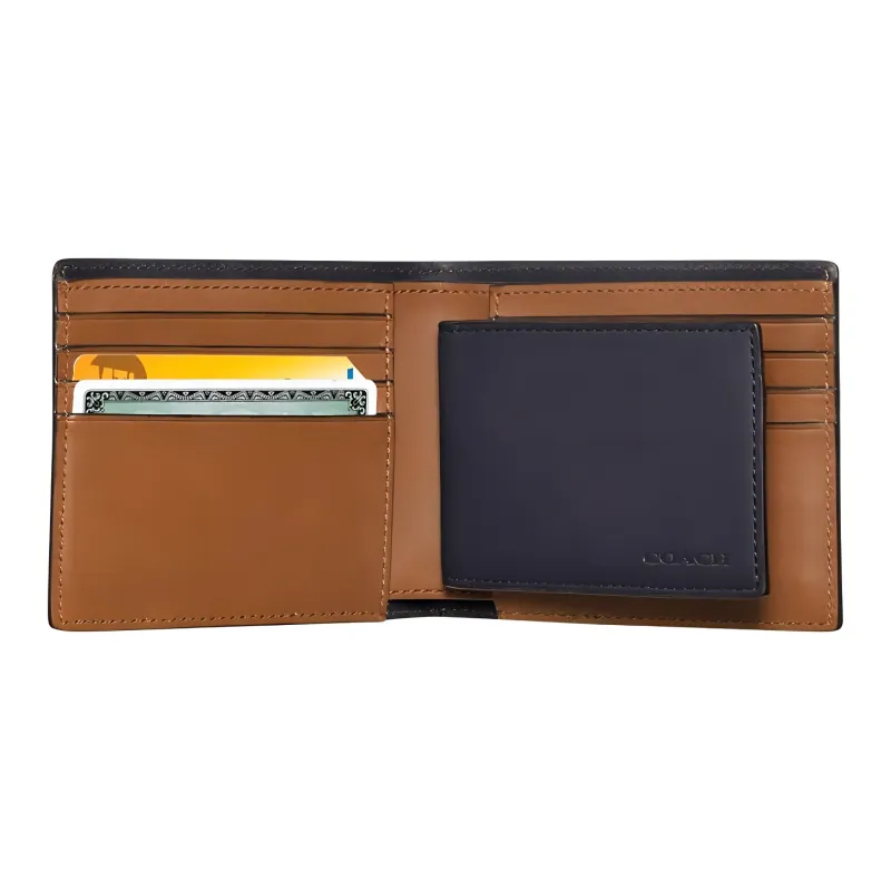COACH Billfold Wallet Polished Buffalo Leather Wallet Men's Denim Blue-1