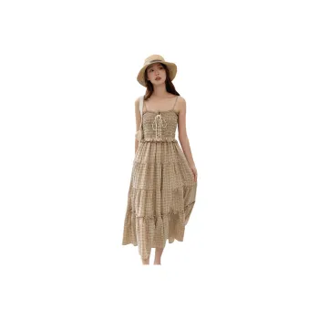 ZIHAN Slip Dresses Women's Coffee Plaid