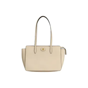 TORY BURCH Robinson Litchi Grain Leather Tote Bag, Shopping Bag, Handbag, Shoulder Bag Trumpets Women's Cream White