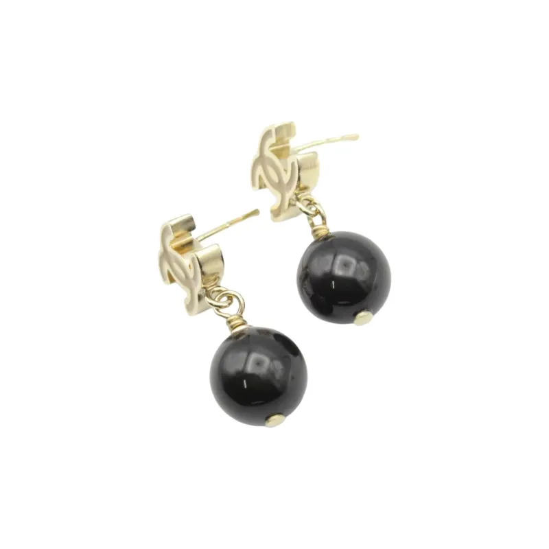 CHANEL Gold Plated Earrings Unisex Black-2