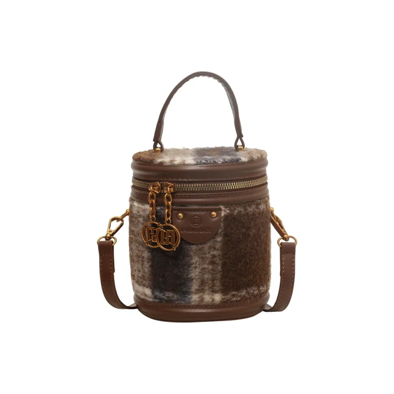 TOUTSEUL YOLO Woolen Bucket Bag Handbag Women's Brown Plaid/Gray Plaid-0