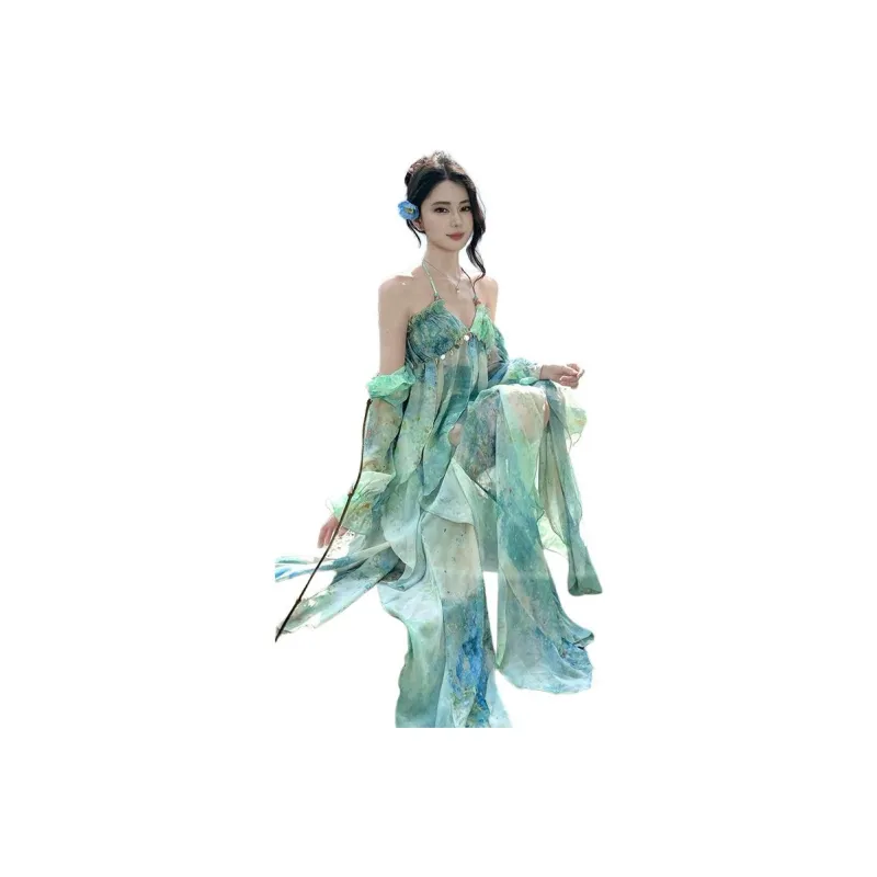 Dior Beauty Slip Dresses Women's Green Oil Paintings-4