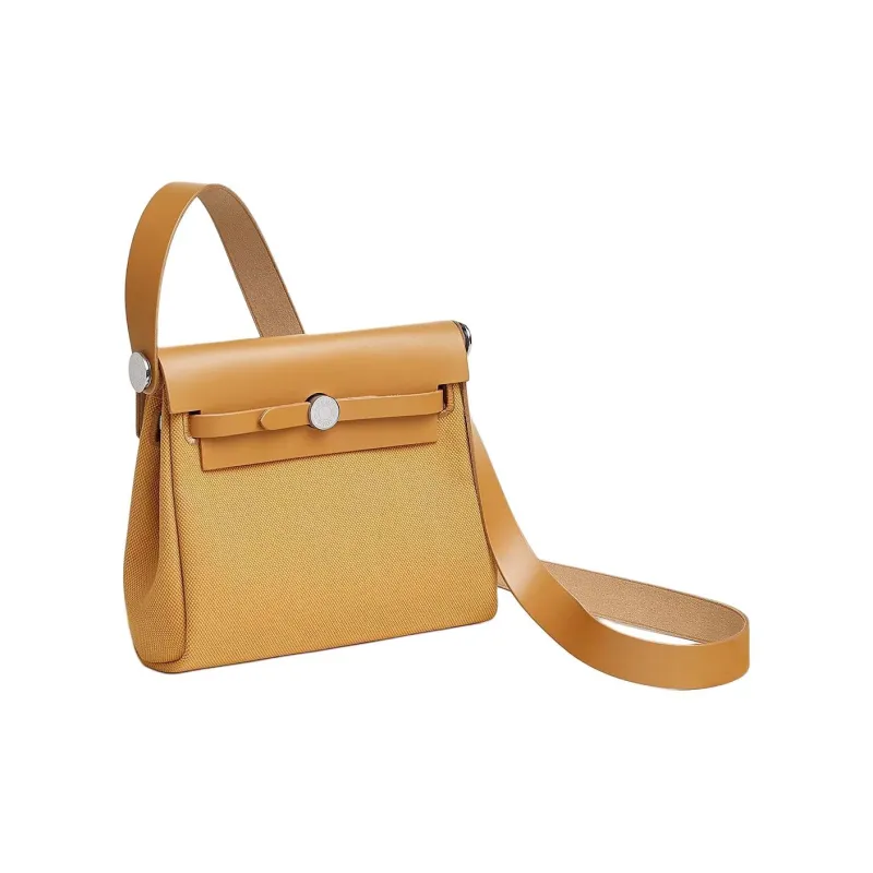 HERMES Herbag Zip Canvas With Hunter Cow Leather Crossbody Bag, Shoulder Bag Women's Light Tea Brown-1