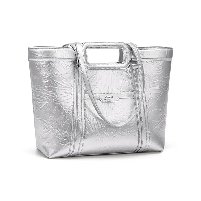 CNOLES PU Tote Bag, Shopping Bag, Shoulder Bag Regular Women's Silver-1