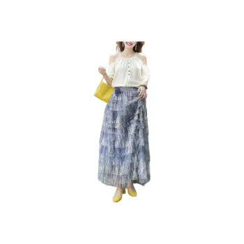 Wbwq Casual Long Skirts Women's Blue Floral