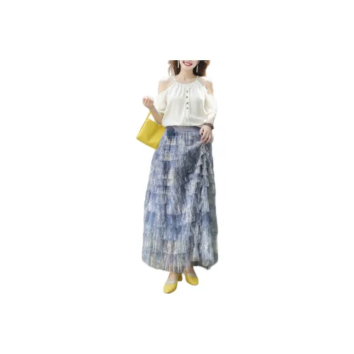Wbwq Casual Long Skirts Women's Blue Floral