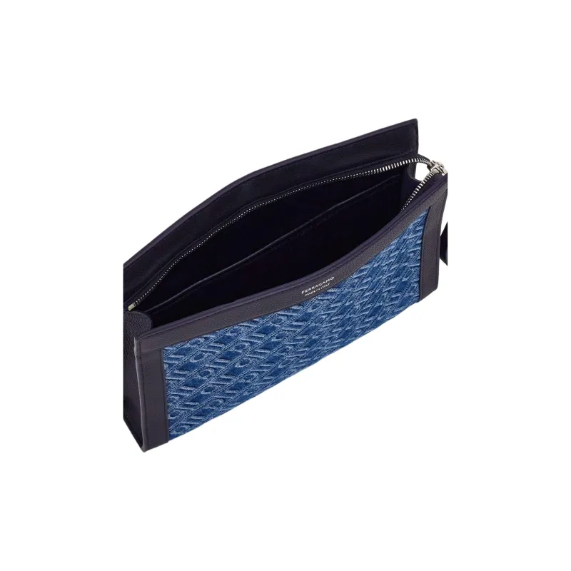 FERRAGAMO Cow Leather Clutch Men's Denim Color-3