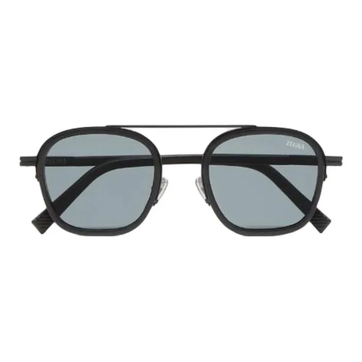 Zegna Metal Acetate Leather Aviator Sunglasses Unisex Black-0