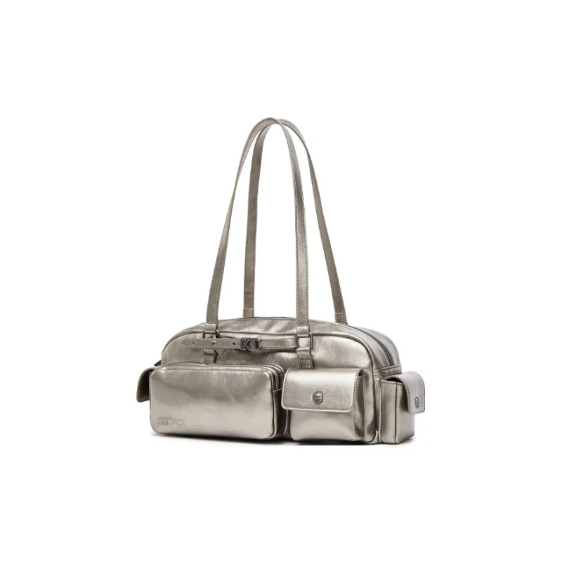 Champion Artificial Leather Shoulder Bag Women's Medium Blue Denim/Silver White/Black-7