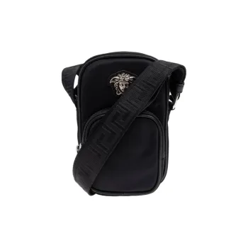VERSACE Leather Shoulder Bag Trumpets Men's Black