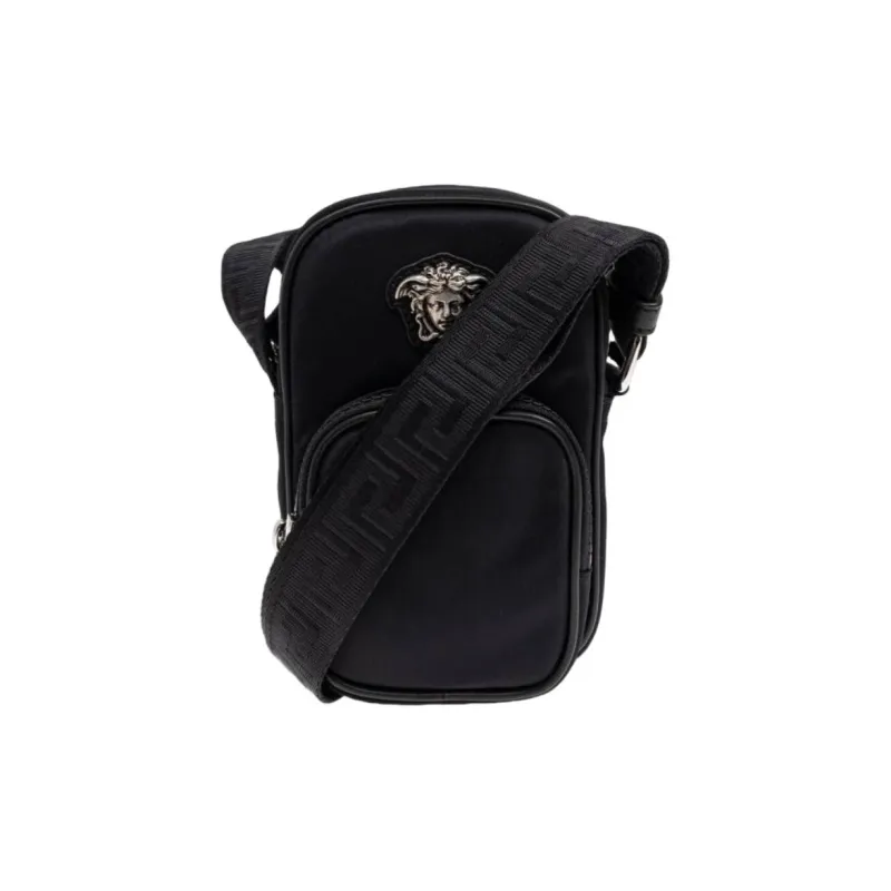 VERSACE Leather Shoulder Bag Trumpets Men's Black-0