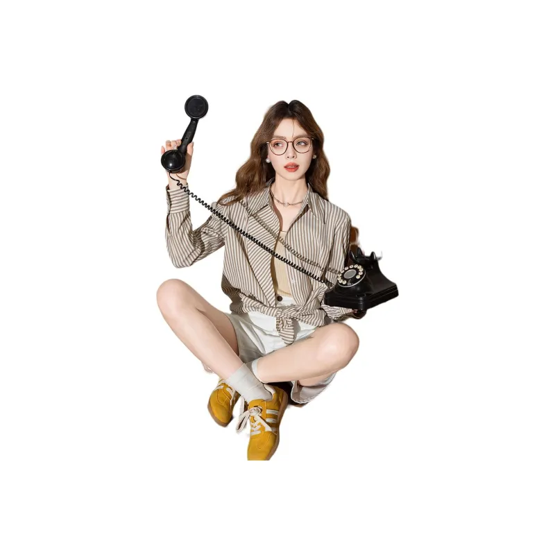 FAWENXIANGZI Shirts Women's Khaki Stripes-1
