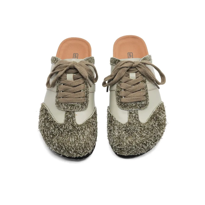 KYMOOU Cork Sole Fuzzy Stitching Leather Patchwork Quiet, Odor Resistant, Slip Resistant Closed Toe Slippers Unisex-2