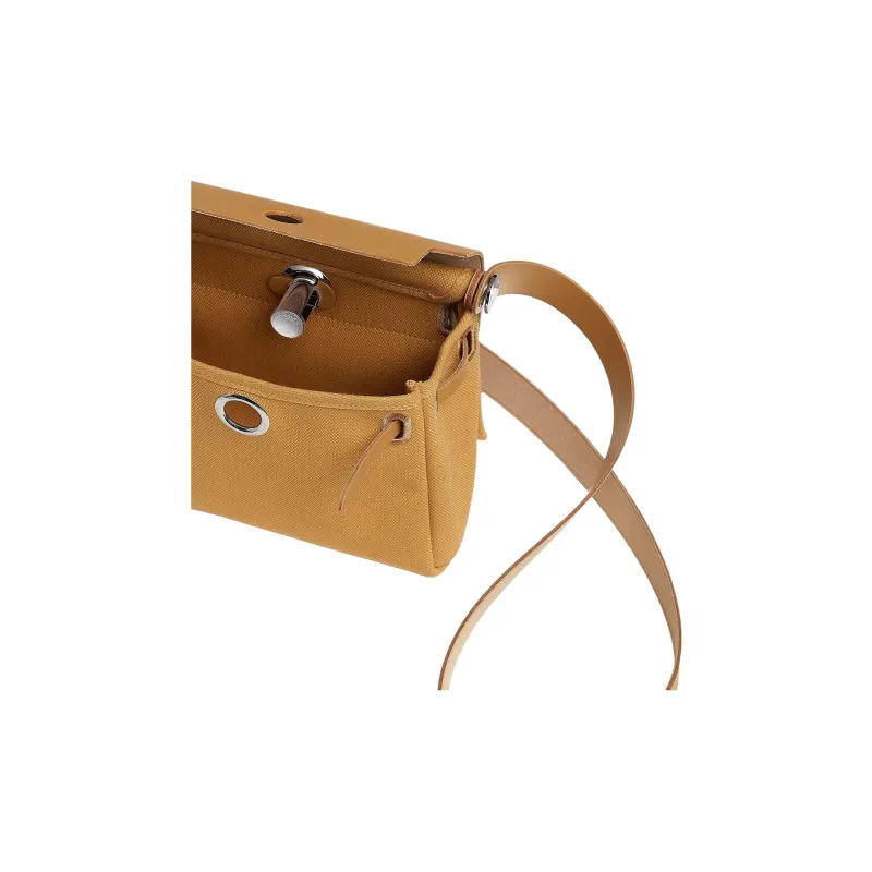 HERMES Herbag Zip Canvas With Hunter Cow Leather Crossbody Bag, Shoulder Bag Women's Light Tea Brown-3