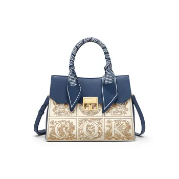 CNOLES Cow Leather Handbag, Shoulder Bag, Crossbody Bag Medium Size Women's Apricot Blue