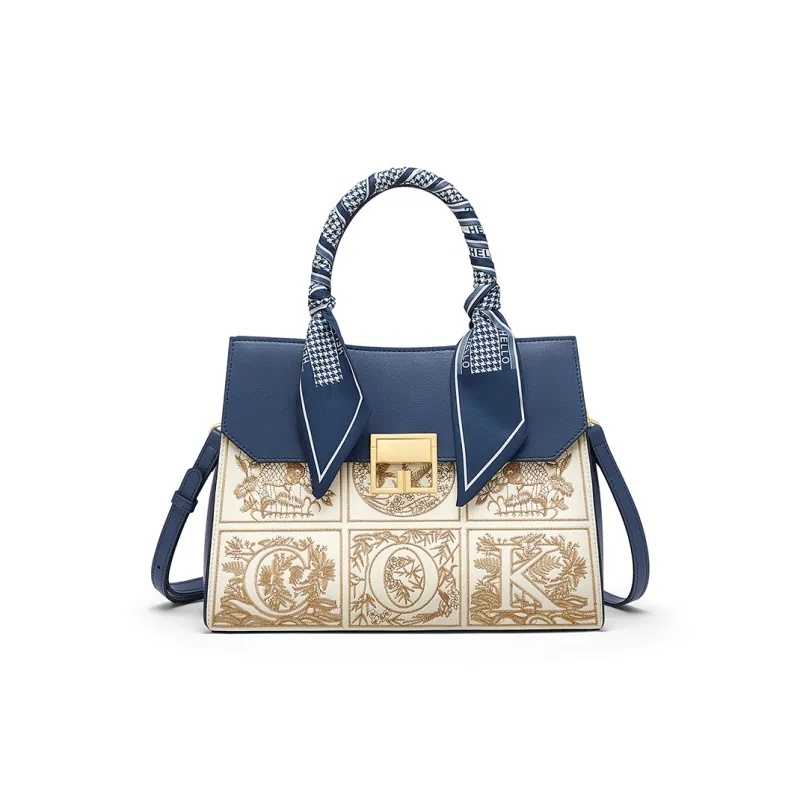 CNOLES Cow Leather Handbag, Shoulder Bag, Crossbody Bag Medium Size Women's Apricot Blue-0